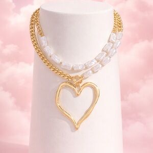 Gold Heart Pendant Layered Necklace with White Pearlescent Beads